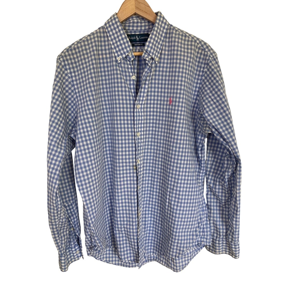 Ralph Lauren Mens Custom Gingham Button Down Shirt Blue White Large Pink Pony - Picture 1 of 6